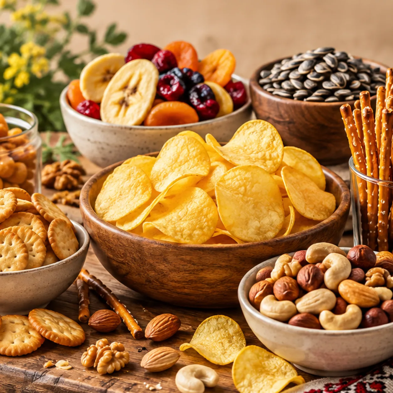 Holzschalen mit Kartoffelchips, Nüssen, Trockenfrüchten und Sonnenblumenkernen auf einem Holzbrett