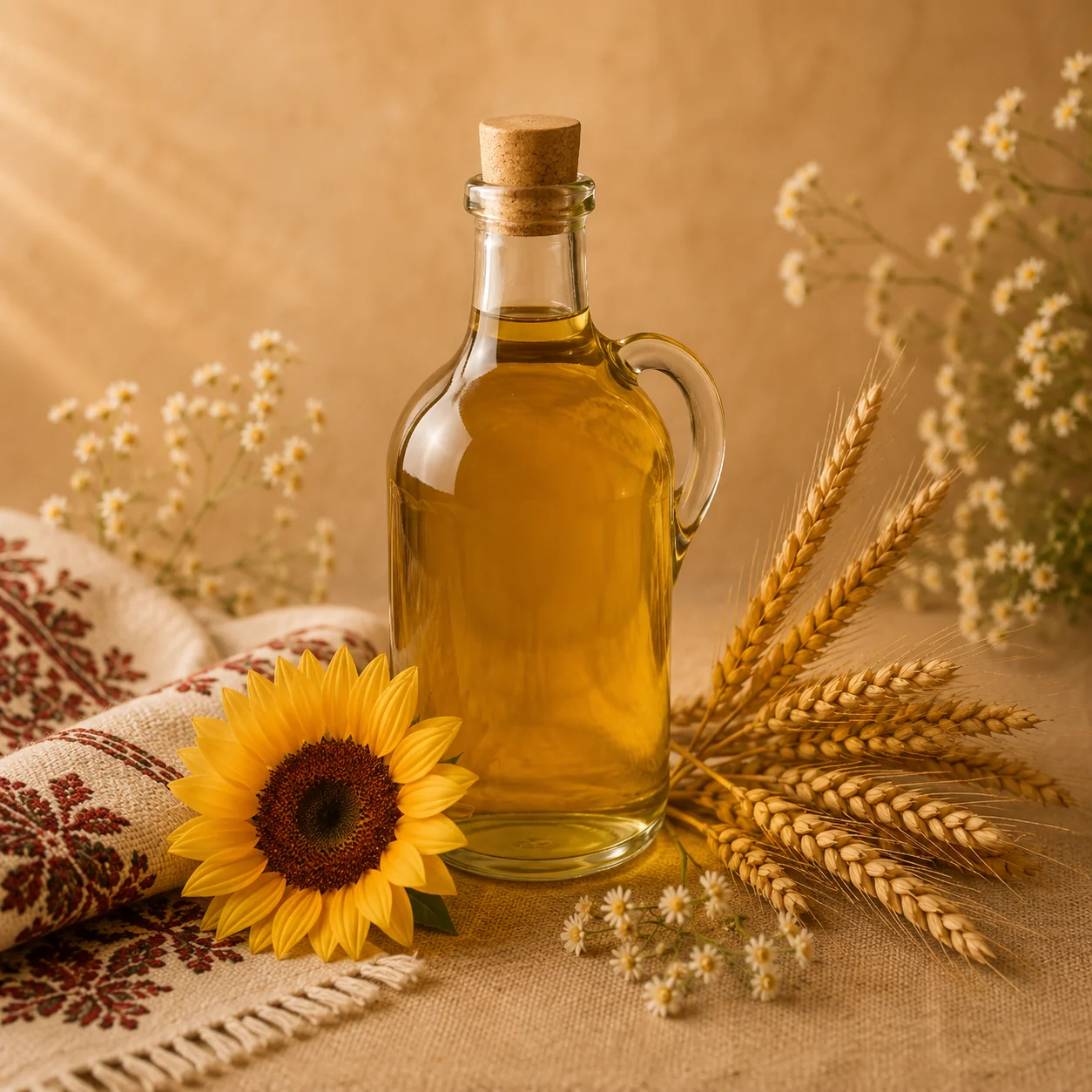 Glaskaraffe mit goldenem Öl, Sonnenblume und Weizenähren